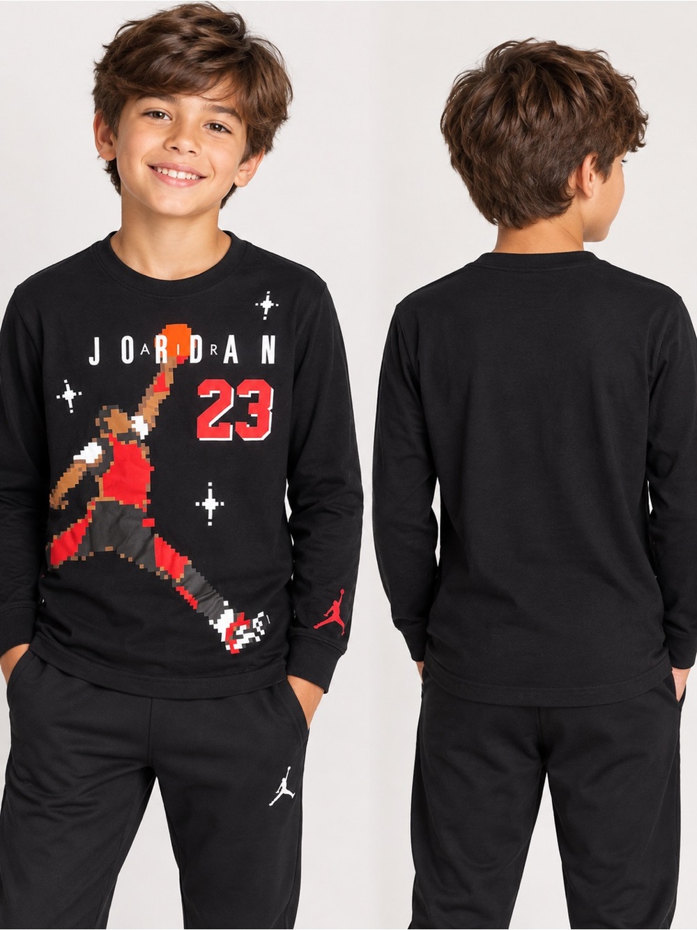 Jordan Boys Black Long Sleeve Pixel Dunk Graphic Shirt Size 10–12